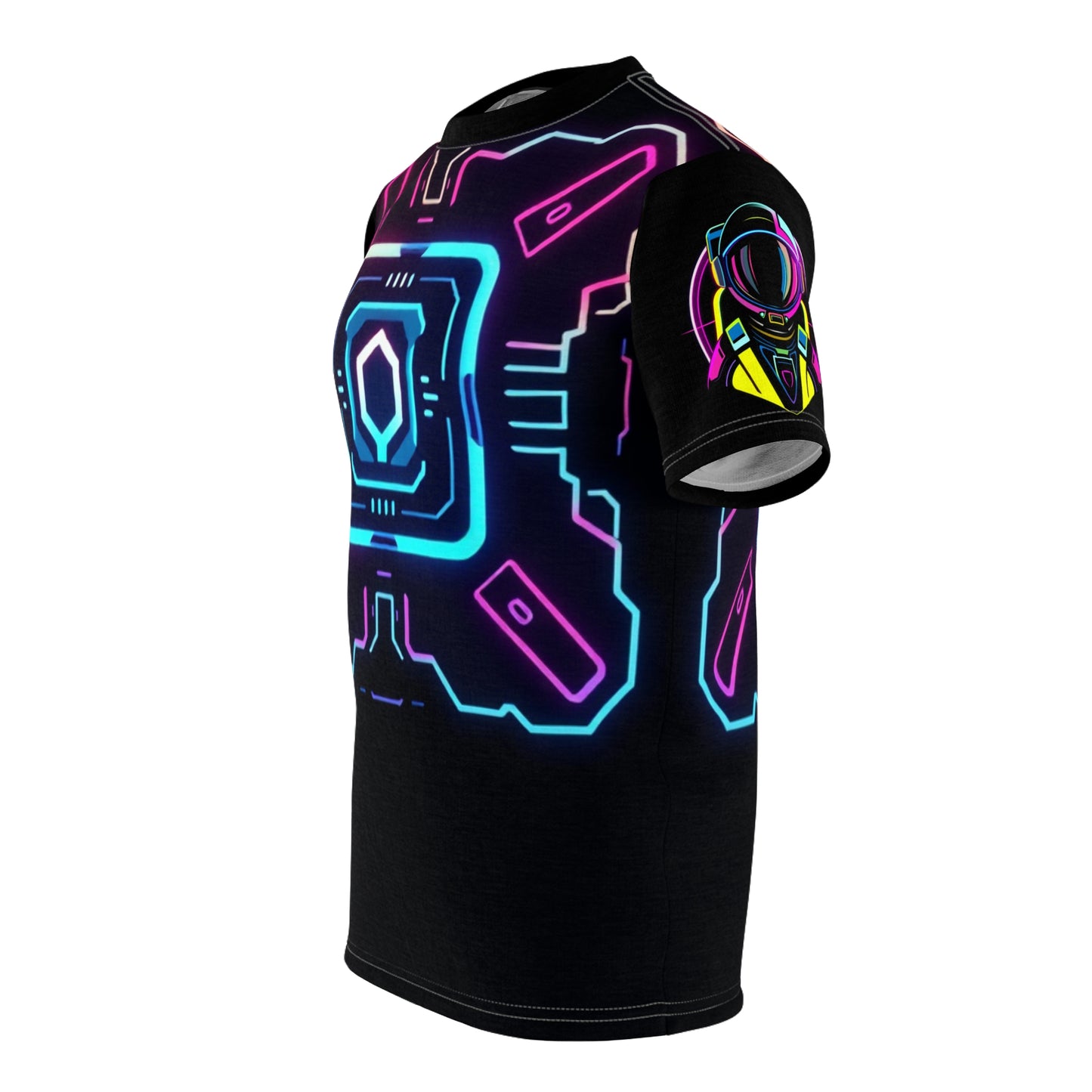 Futuristic Neon Graphic Tee for Gamers, Unisex AOP Shirt, Cyberpunk Style Apparel, Unique Gift for Tech Enthusiasts, Streetwear Must-Have