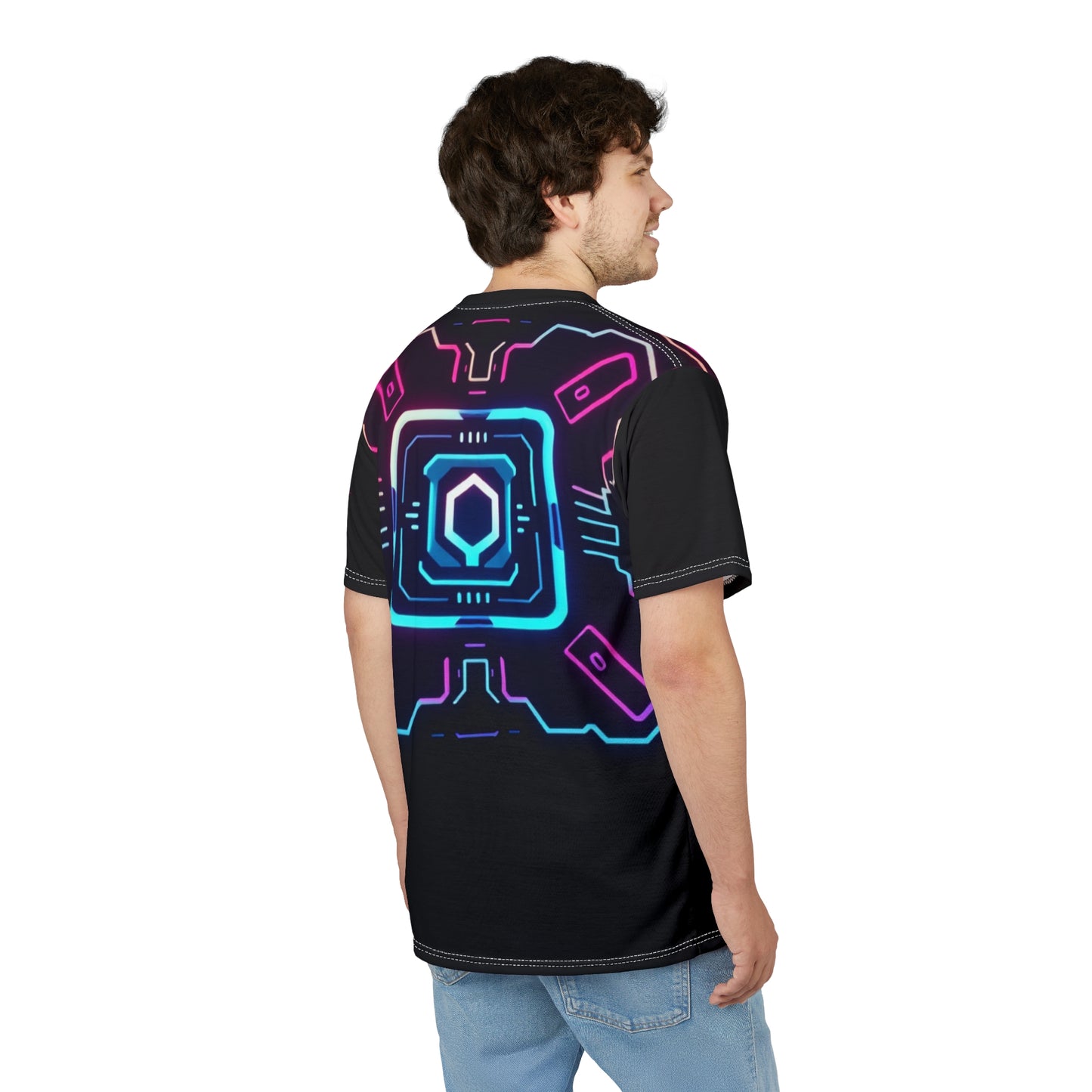 Futuristic Neon Graphic Tee for Gamers, Unisex AOP Shirt, Cyberpunk Style Apparel, Unique Gift for Tech Enthusiasts, Streetwear Must-Have