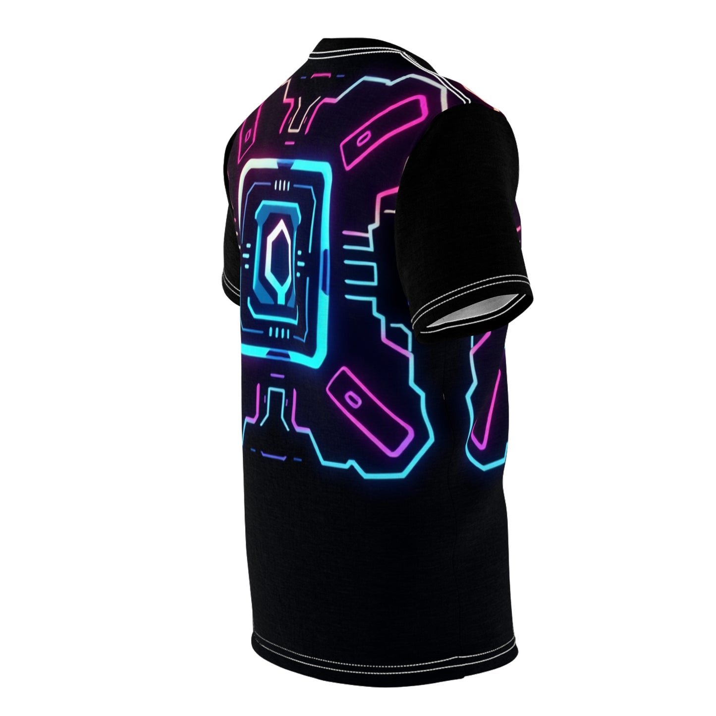 Futuristic Neon Graphic Tee for Gamers, Unisex AOP Shirt, Cyberpunk Style Apparel, Unique Gift for Tech Enthusiasts, Streetwear Must-Have