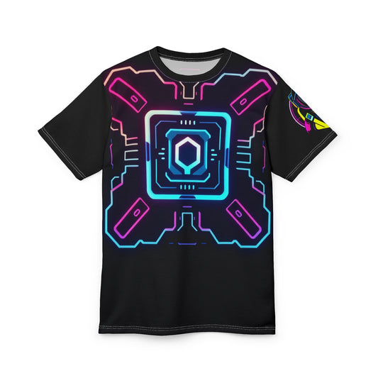 Futuristic Neon Graphic Tee for Gamers, Unisex AOP Shirt, Cyberpunk Style Apparel, Unique Gift for Tech Enthusiasts, Streetwear Must-Have