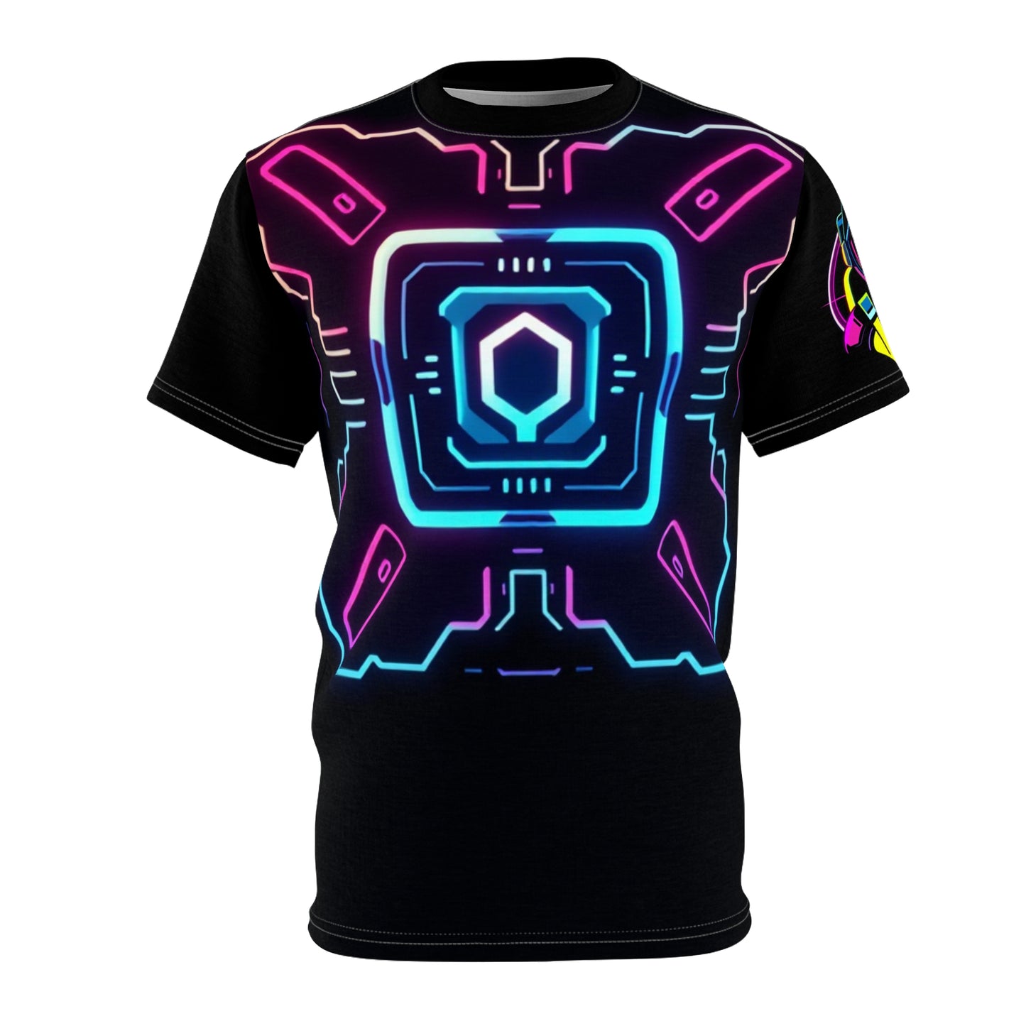 Futuristic Neon Graphic Tee for Gamers, Unisex AOP Shirt, Cyberpunk Style Apparel, Unique Gift for Tech Enthusiasts, Streetwear Must-Have